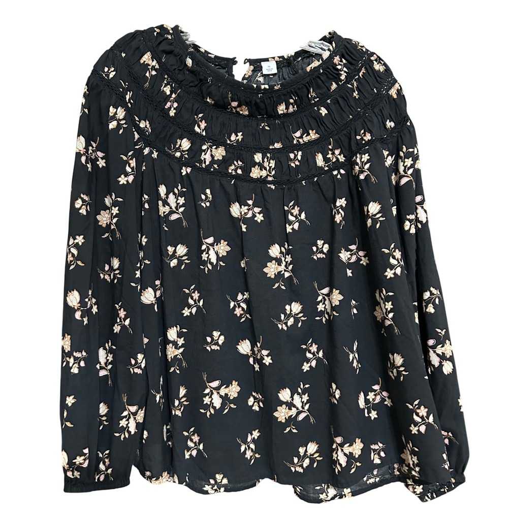 Old Navy Women's Black Floral Smocked Neck Long Sleeve Blouse Top XL Whimsigoth